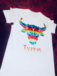 Fallon Aurielle Unisex Signature Taurus Bull Logo Zodiac T-Shirt (White & Rainbow)