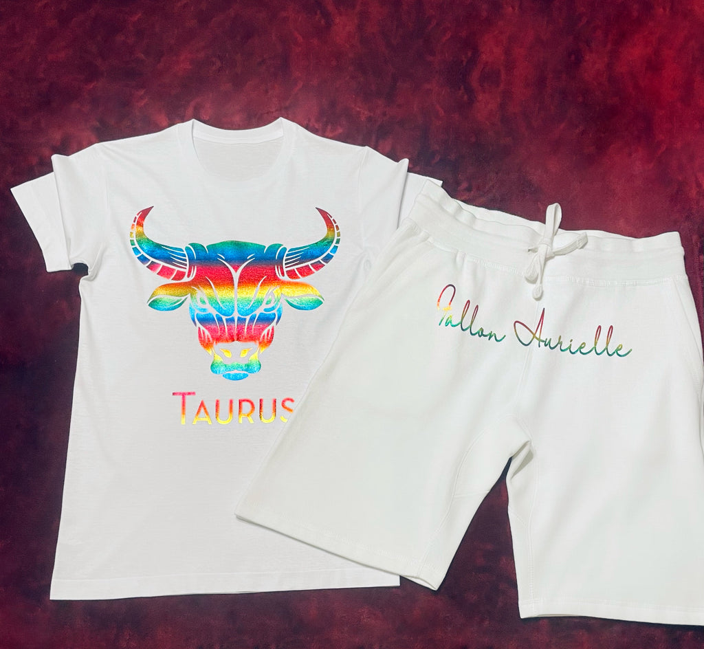 Fallon Aurielle Unisex Signature Taurus Bull Logo & Name Zodiac Short Set (White & Rainbow)