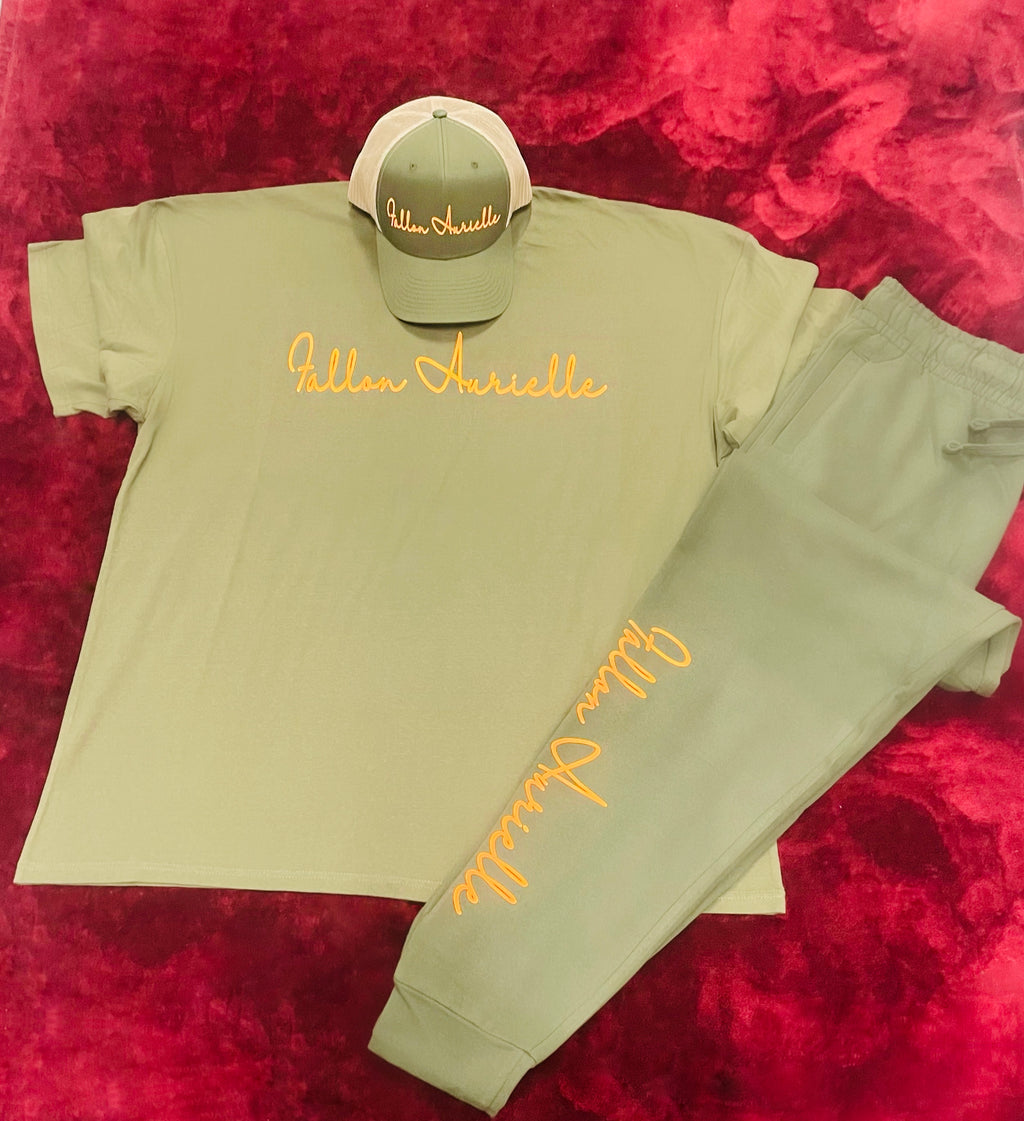 Fallon Aurielle Signature Classic 3 Piece Jogger Set (Olive Green & Neon Orange)