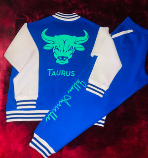 Fallon Aurielle Unisex Signature Taurus Bull Logo & Name Zodiac Jacket (Royal Blue, White & Lime Green)