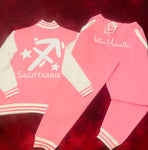 Fallon Aurielle Unisex Signature Sagittarius Logo & Name Zodiac Jacket Jogging Set (Pink & White)