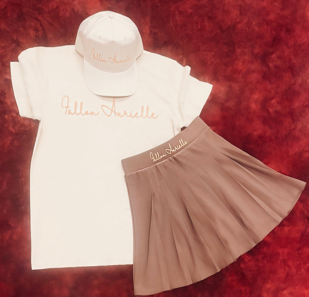Fallon Aurielle Signature Classic 3 Piece Tennis Skirt Set (Cream, Tan & Chocolate Brown)