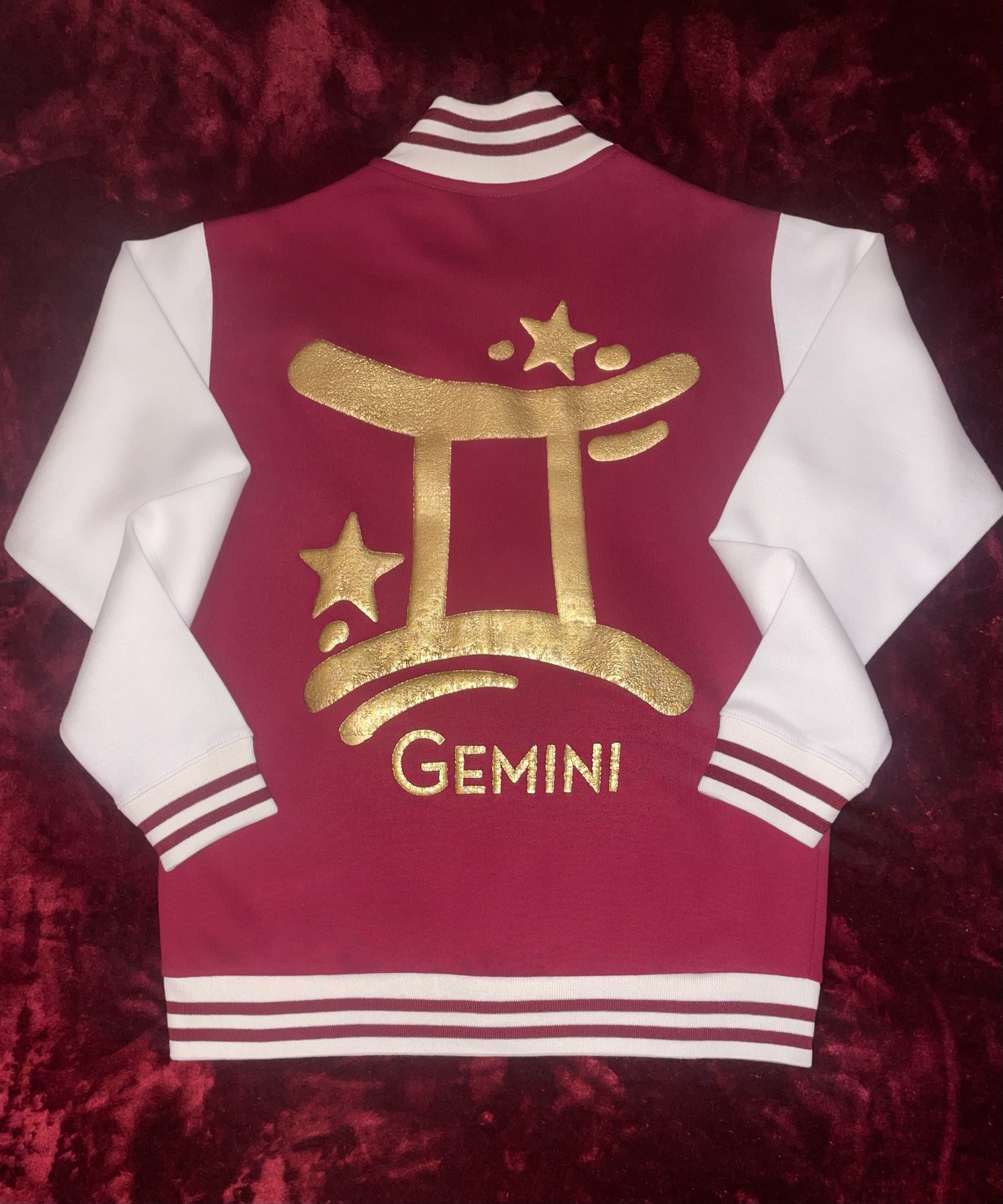 Fallon Aurielle Unisex Signature Gemini Logo & Name Zodiac Jacket (Burgundy, Antique Gold & Cream)