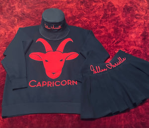 Fallon Aurielle Signature 3 Piece Capricorn Goat Head Logo Zodiac Tennis Skirt Set (Black & Red)