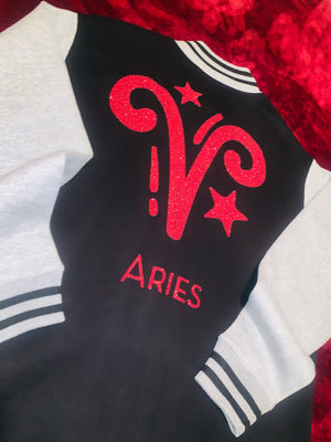 Fallon Aurielle Unisex Signature Aries Logo & Name Zodiac Jacket (Black, White & Red Sparkle)