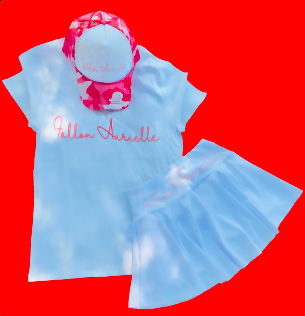 Fallon Aurielle Signature Classic 3 Piece Tennis Skirt Set (White & Pink Camo)