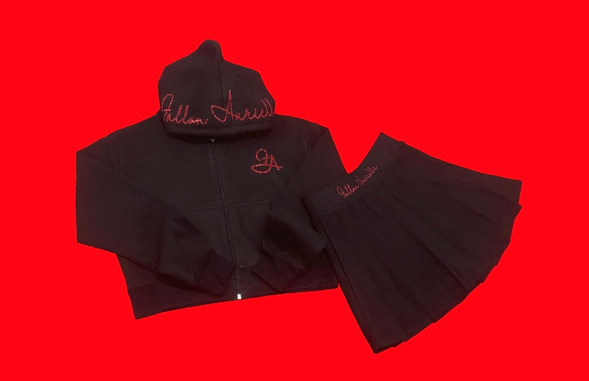Fallon Aurielle Signature Classic Cropped Zip Hoodie Tennis Skirt Set (Black & Red Sparkle)