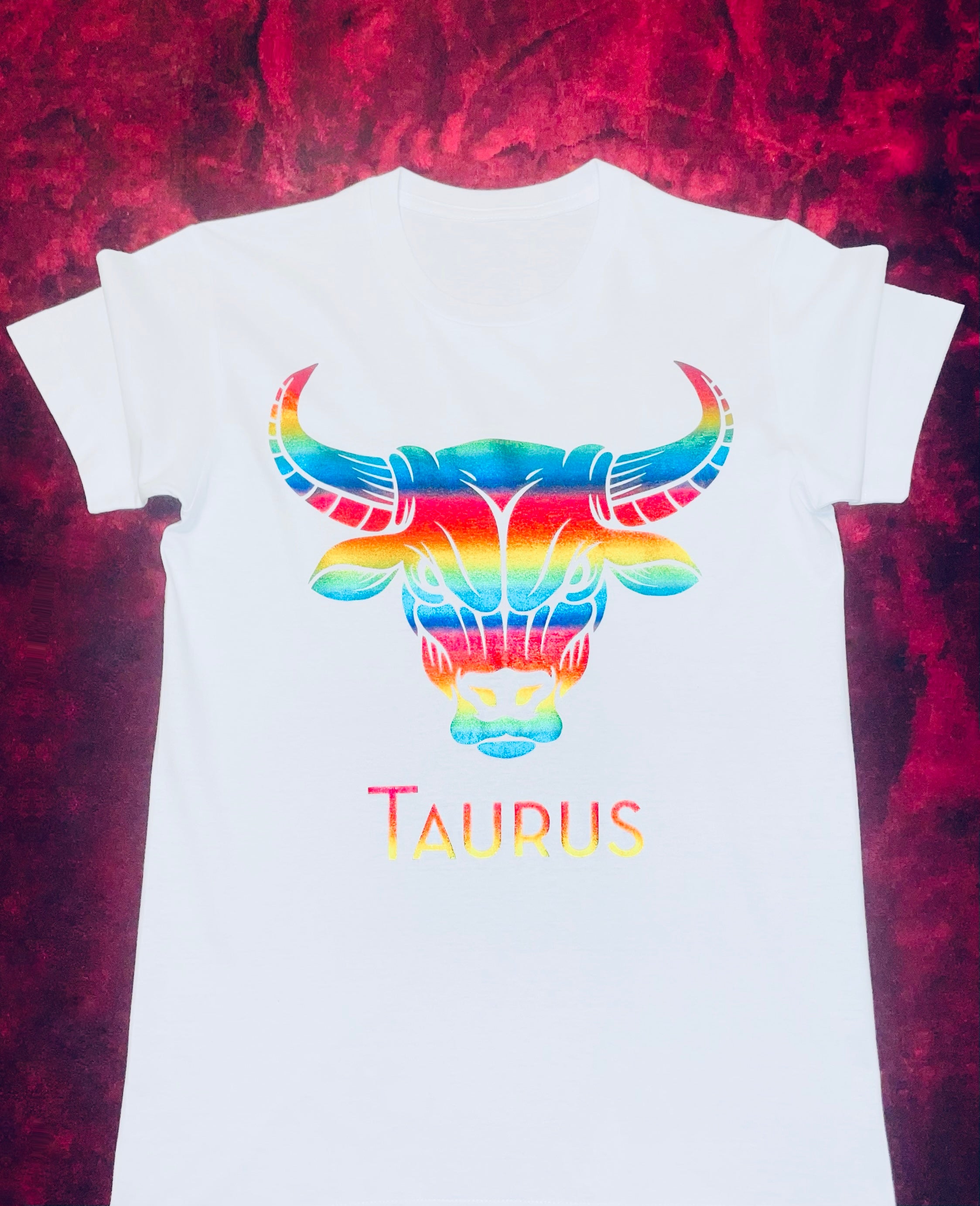 Fallon Aurielle Unisex Signature Taurus Bull Logo Zodiac T-Shirt (White & Rainbow)