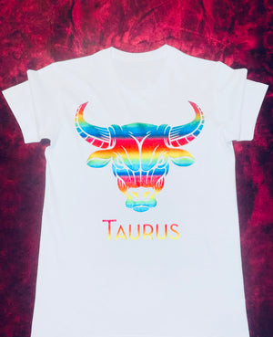 Fallon Aurielle Unisex Signature Taurus Bull Logo Zodiac T-Shirt (White & Rainbow)