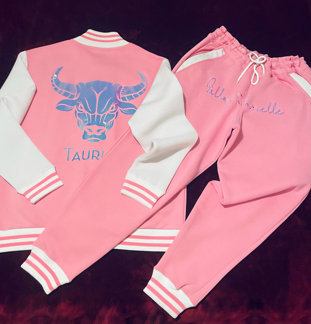 Fallon Aurielle Unisex Signature Taurus Bull Zodiac Jacket Jogging Set (Pink, Holographic & White)