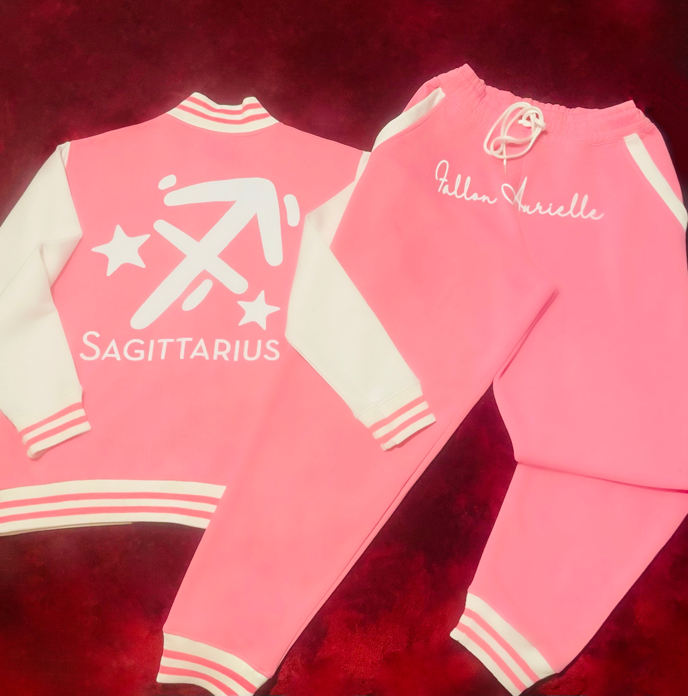 Fallon Aurielle Unisex Signature Sagittarius Logo & Name Zodiac Jacket (Pink & White)