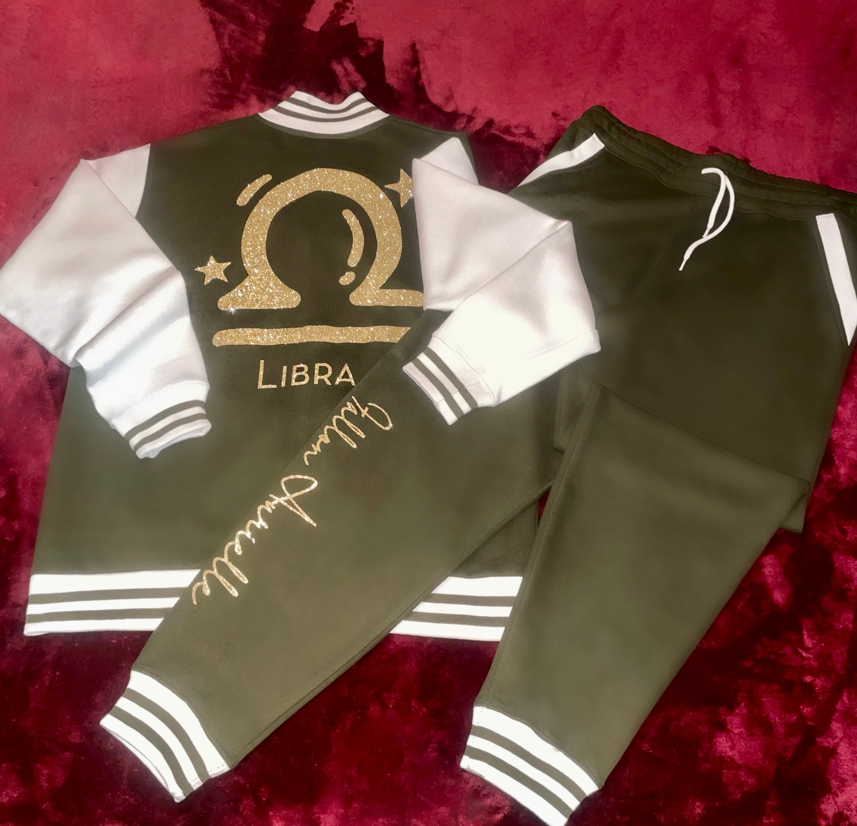 Fallon Aurielle Unisex Signature Libra Logo & Name Zodiac Jacket (Olive Green, Gold & Cream)