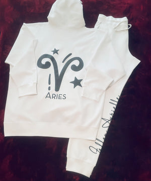 Fallon Aurielle Unisex Signature Aries Logo & Name Zodiac Hoodie (White & Black)