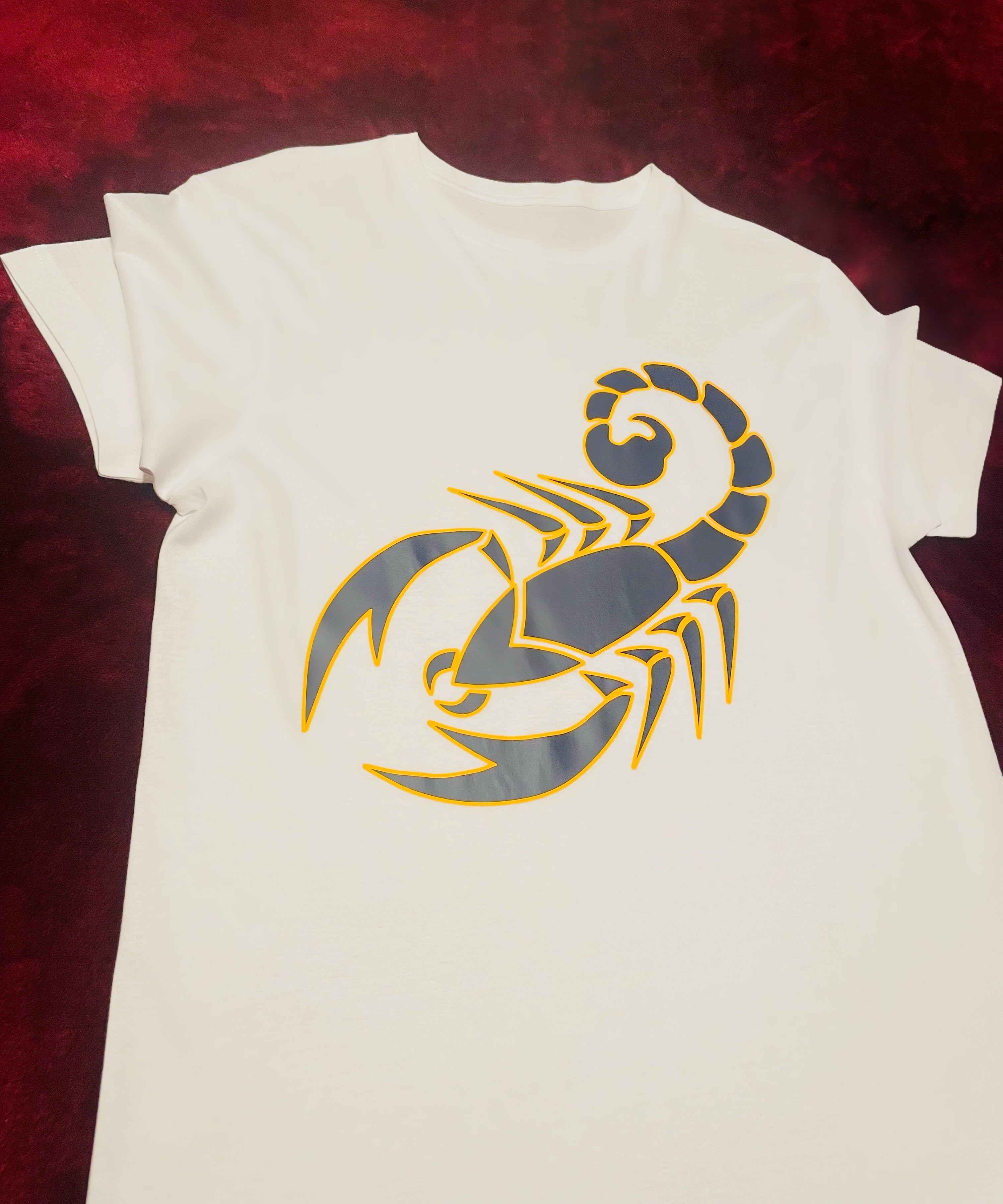 Fallon Aurielle Unisex Signature Scorpio Scorpion Zodiac T-Shirt (White, Golden Yellow & Navy Blue)