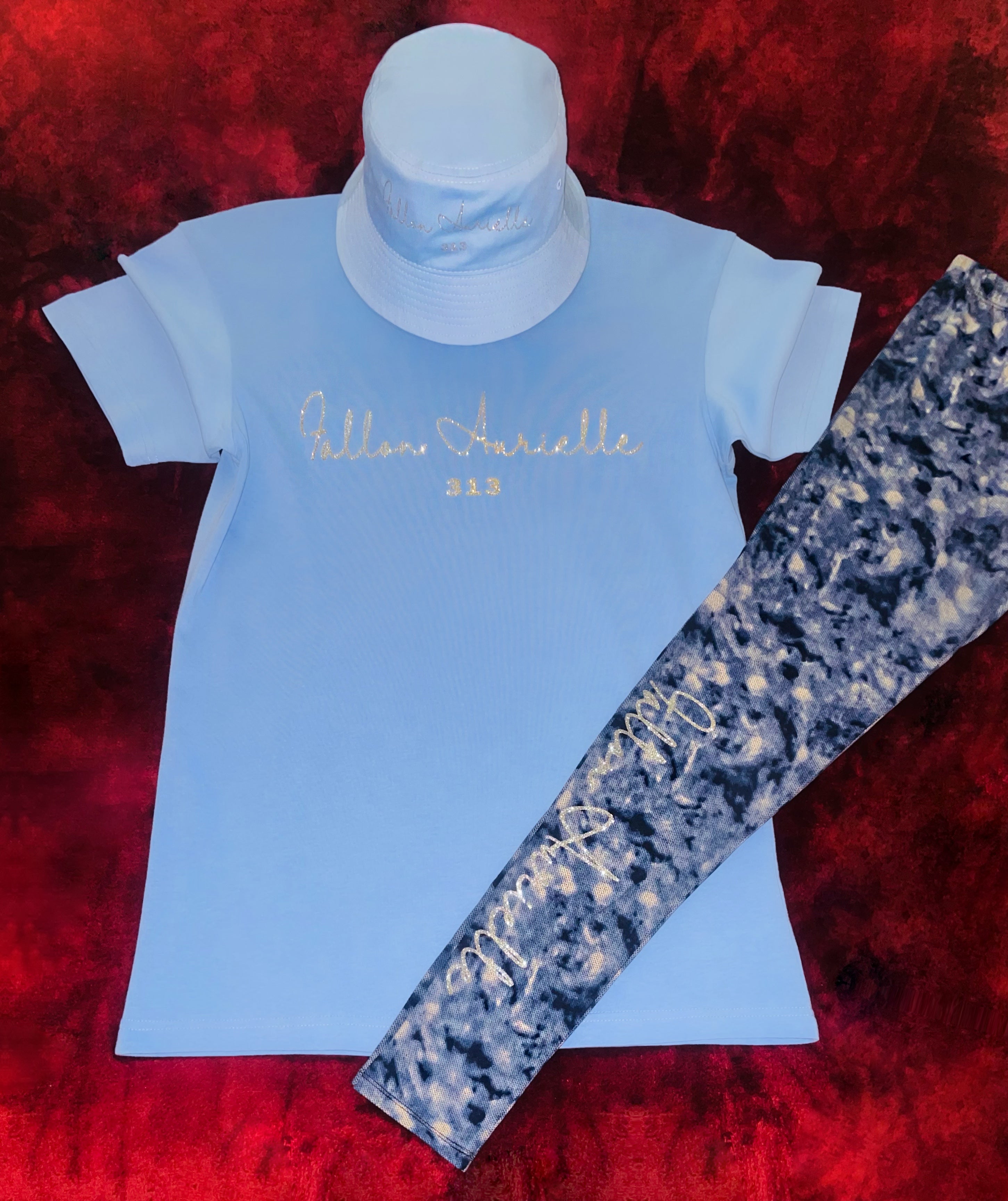 Fallon Aurielle Signature 3 Piece 313 Rep Yo Set Area Code Leggings Set (Powder Blue, Navy Blue & Silver Sparkle)