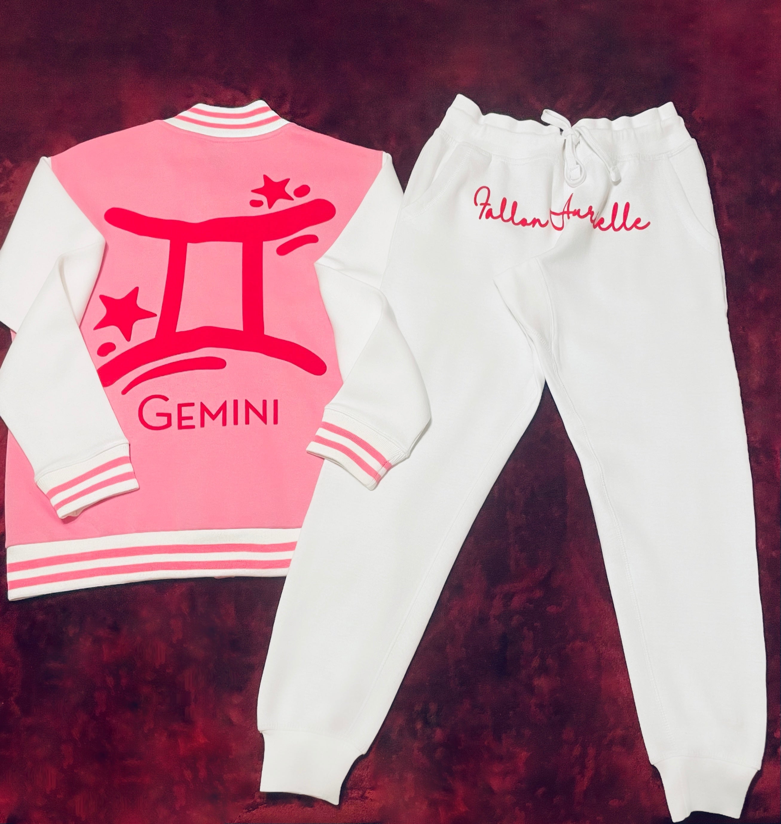 Fallon Aurielle Unisex Signature Gemini Logo & Name Zodiac Jacket (Pink, White & Red)