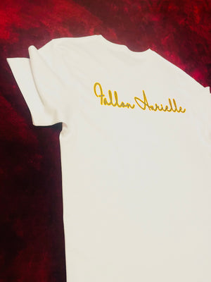 Fallon Aurielle Unisex Signature Scorpio Scorpion Zodiac T-Shirt (White, Golden Yellow & Navy Blue)