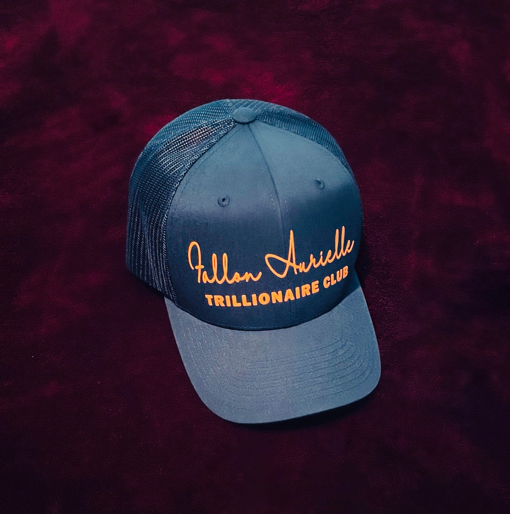 Fallon Aurielle Signature Trillionaire Club Trucker Snapback Hat (Navy Blue & Orange)