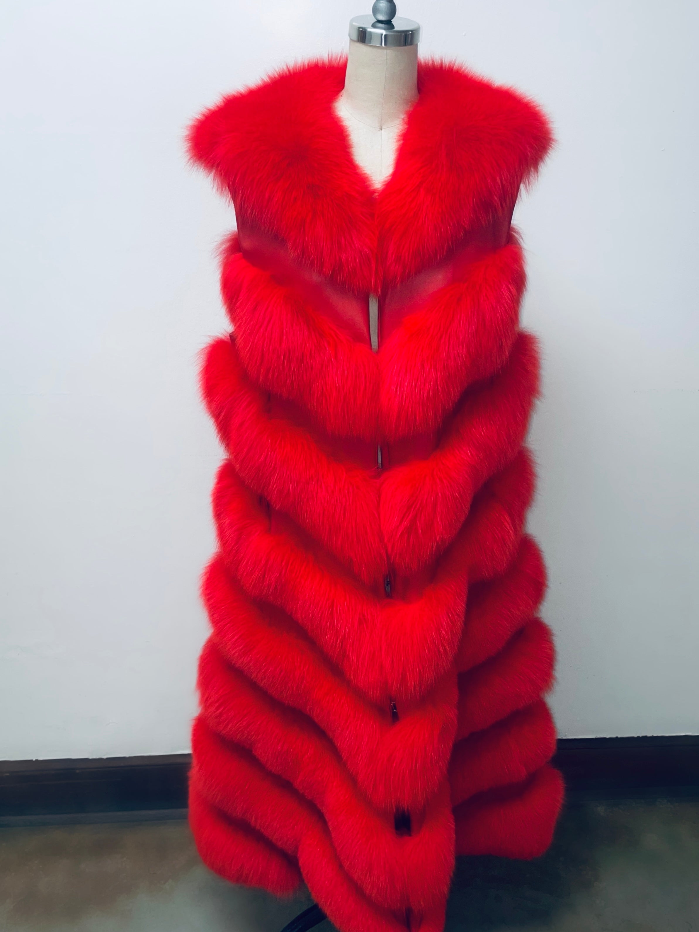 Fallon Aurielle Long Fox Fur Vest (Red, Black, White & Hot Pink)