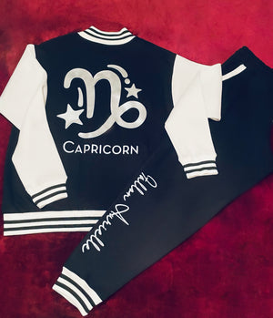 Fallon Aurielle Unisex Signature Capricorn Logo & Name Zodiac Jacket (Black, Metallic Silver & Cream)