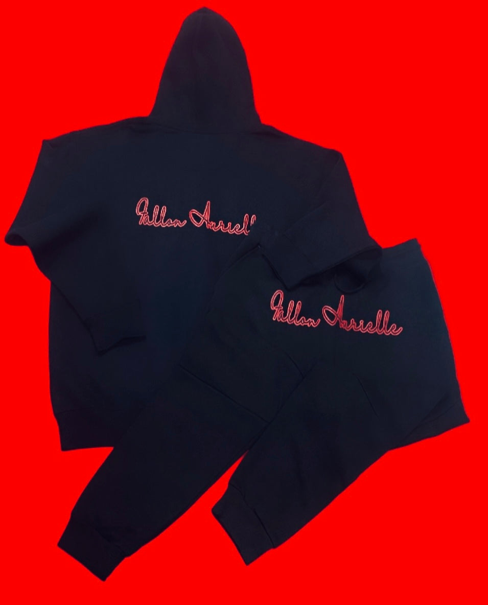 Fallon Aurielle 2 Tone Unisex Signature Classic Zip Hoodie Jogging Set (Black & Red)