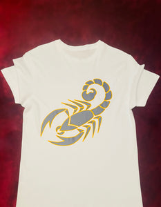 Fallon Aurielle Unisex Signature Scorpio Scorpion Zodiac T-Shirt (White, Golden Yellow & Navy Blue)