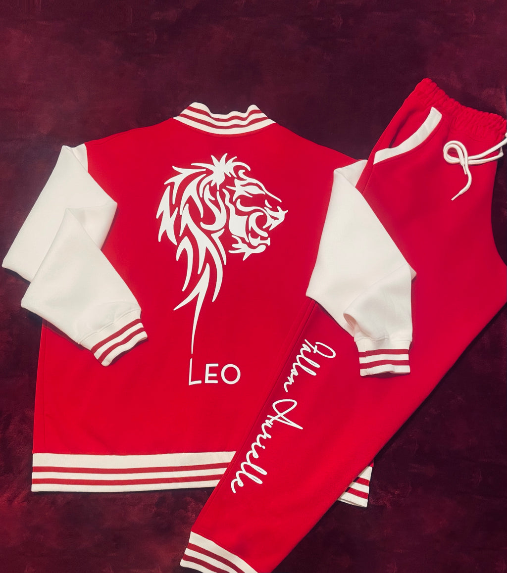 Fallon Aurielle Unisex Signature Leo Lion Logo & Name Zodiac Jacket Jogging Set (Red & White)