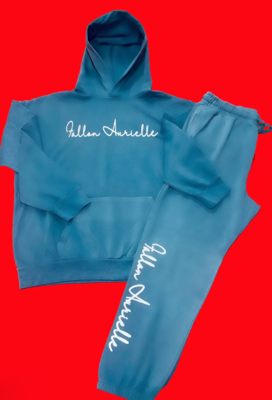 Fallon Aurielle Unisex Signature Mineral Wash Leo Lion Logo & Name Zodiac Jogger Set (Detroit Honolulu Blue, Faded Denim Blue & Platinum)