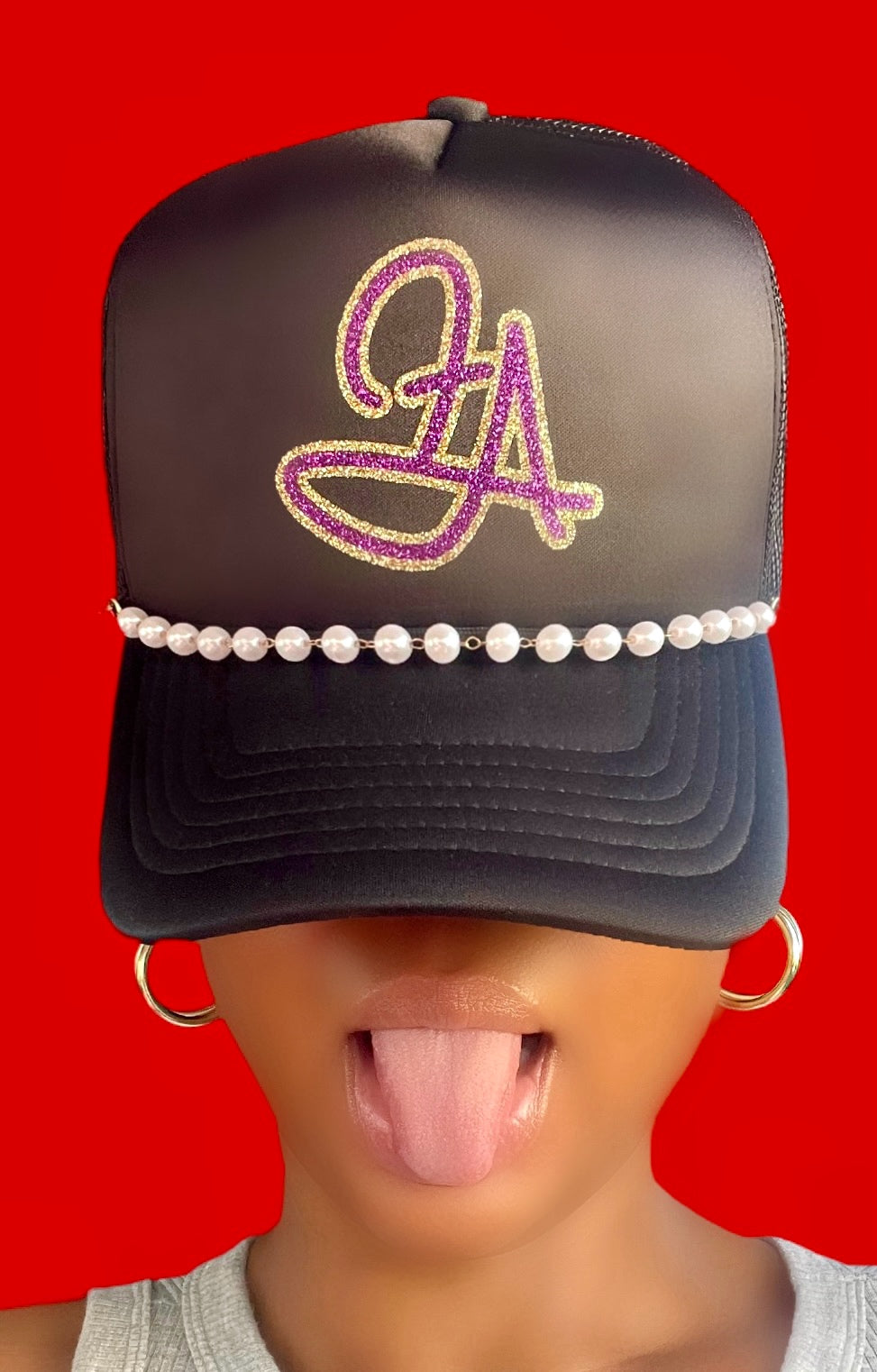 Fallon Aurielle F.A. 2 Tone Signature Classic Pearl Trucker Snapback Hat (Black, White, Gold & Purple Sparkle