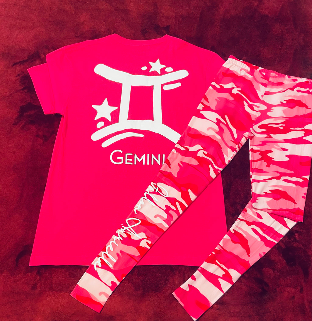 Fallon Aurielle Signature 3 Piece Gemini Logo Zodiac Leggings Set (Neon Pink, Red & White)