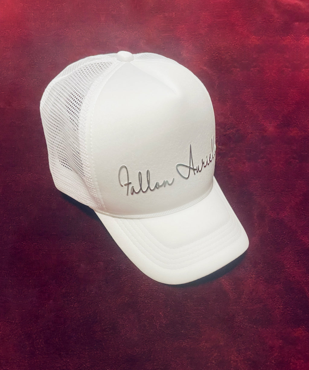 Fallon Aurielle Signature Trucker Snapback Hat (White & Matte Silver)