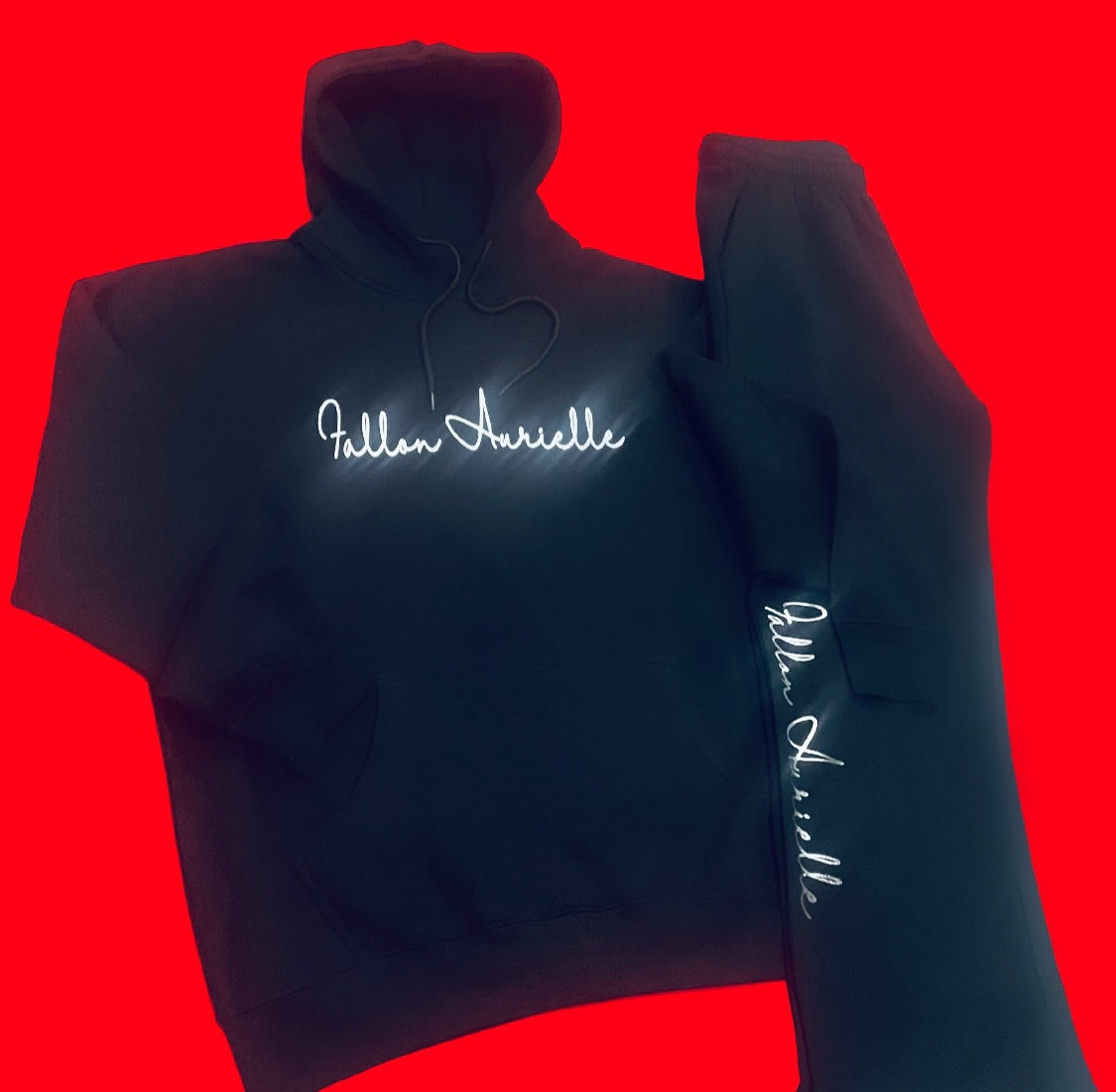 Fallon Aurielle
Unisex Signature Rep Yo Initial (A) 
A-Z Stacked Jogging Set (Black & Silver)