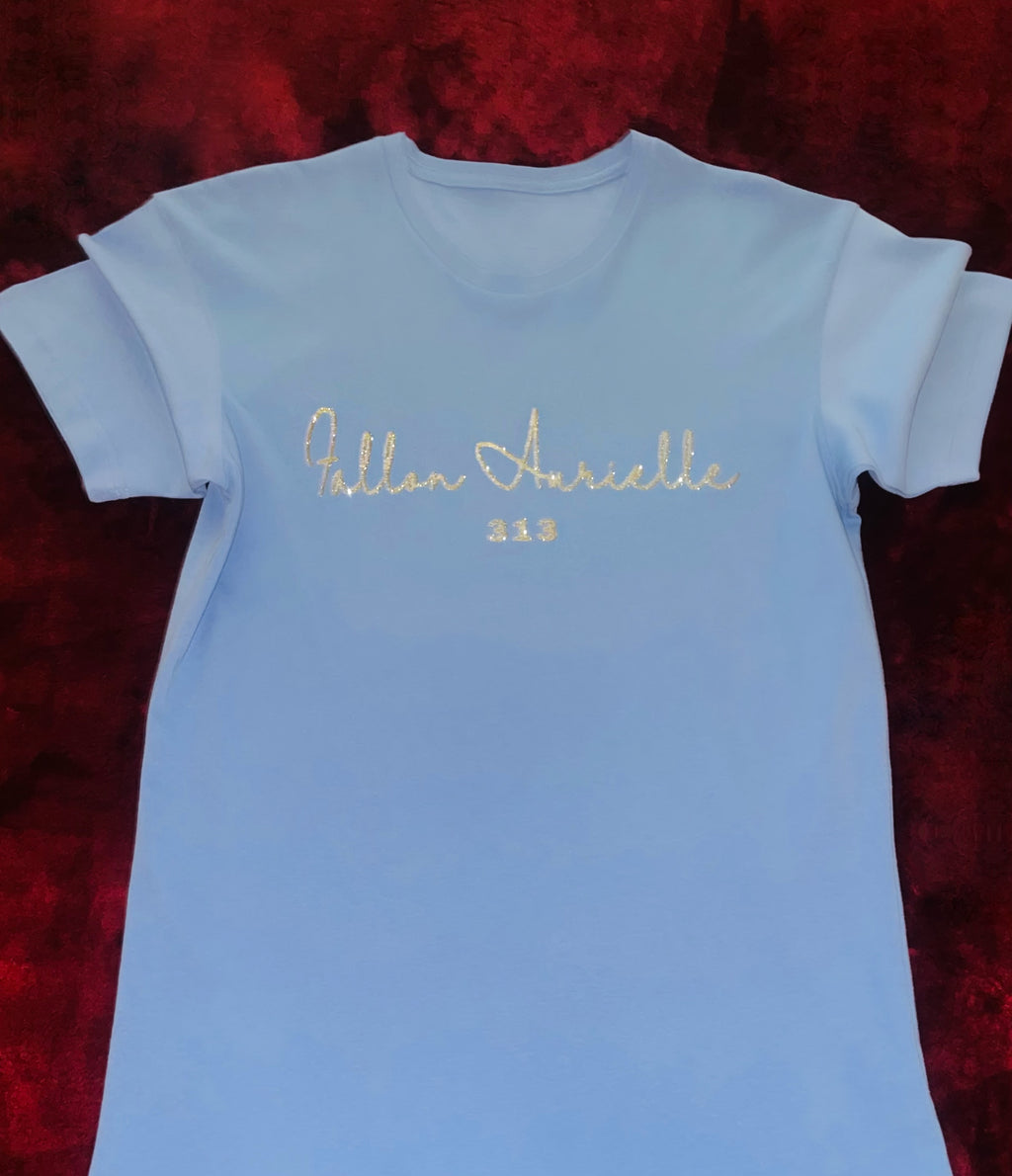 Fallon Aurielle Unisex Signature 313 Rep Yo Set Area Code T-Shirt (Powder Blue & Silver Sparkle)