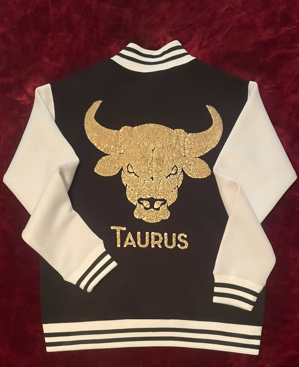 Fallon Aurielle Unisex Signature Taurus Logo & Name Zodiac Jacket (Black, Antique Gold & White)