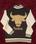 Fallon Aurielle Unisex Signature Taurus Bull Logo & Name Zodiac Jacket (Black, Antique Gold & White)