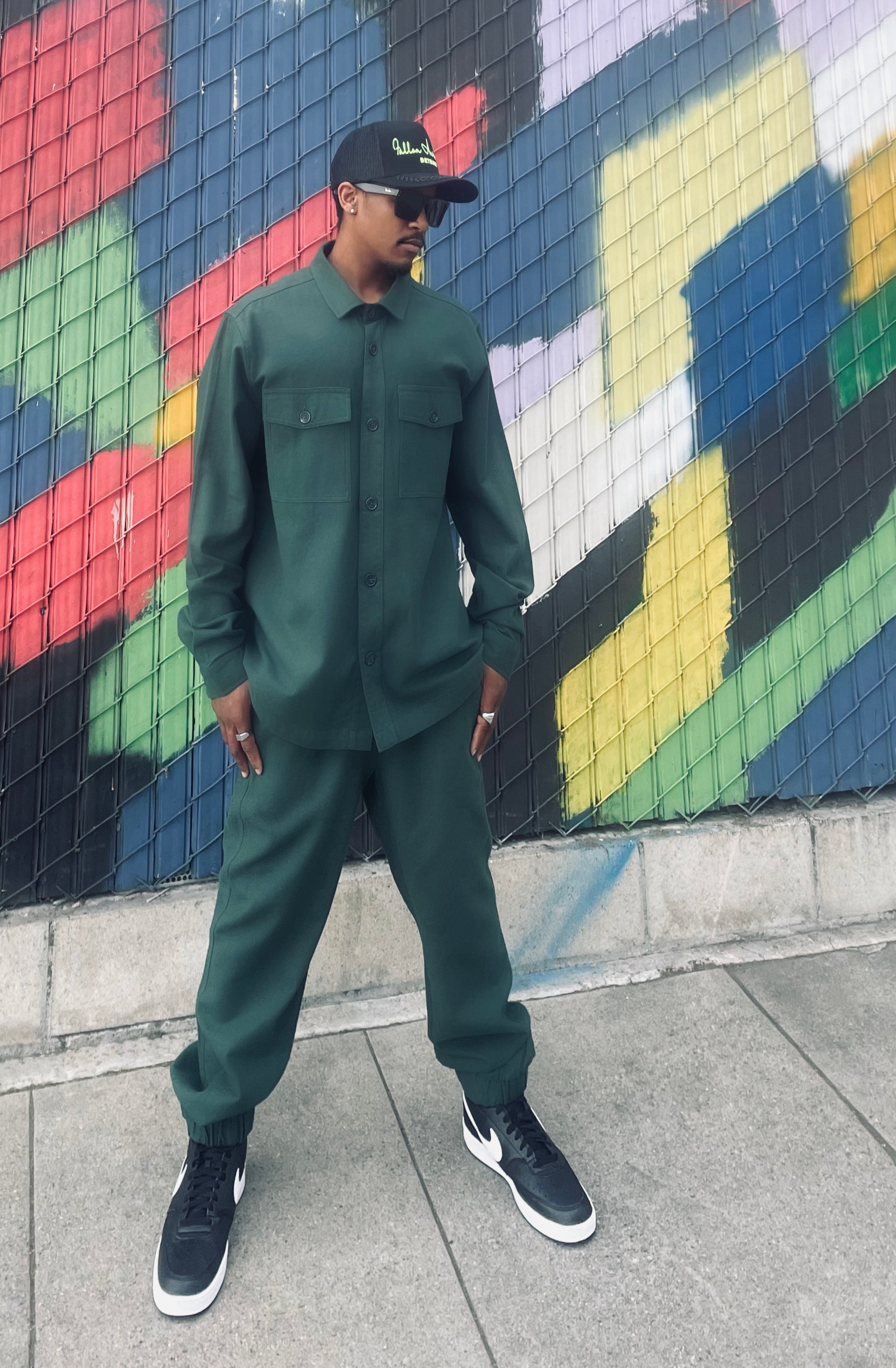 Militant Unisex Button Up Cargo Jogger Set (Hunter Green)