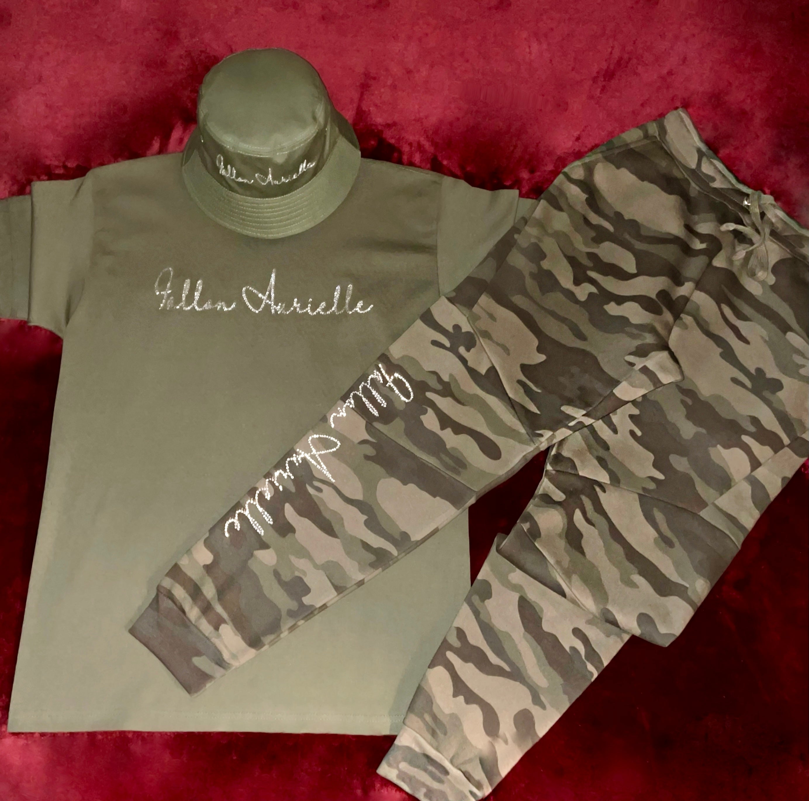 Fallon Aurielle Unisex Signature Scorpio Scorpion Logo Zodiac Jogger Set (Olive Green, Silver Rhinestone & Camouflage)