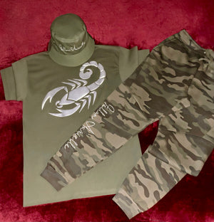 Fallon Aurielle Unisex Signature Scorpio Scorpion Logo Zodiac Jogger Set (Olive Green, Silver Rhinestone & Camouflage)