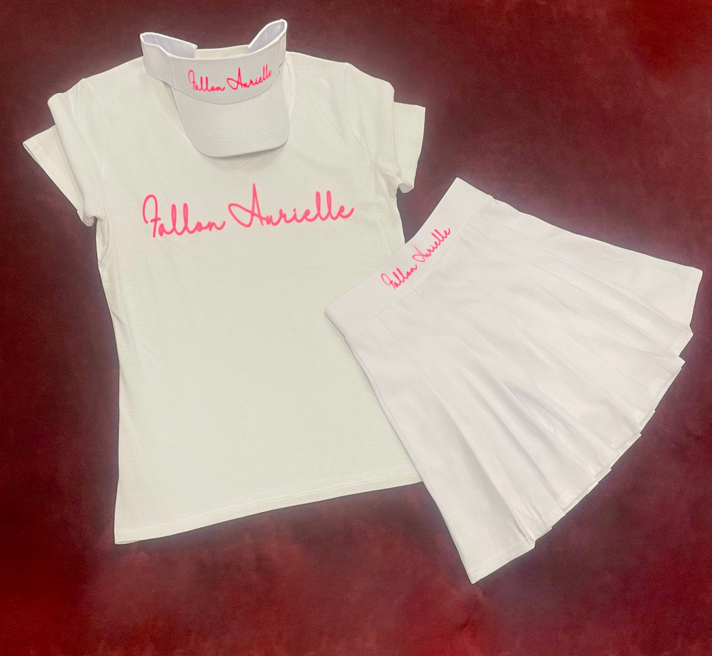 Fallon Aurielle Signature Classic 3 Piece Tennis Skirt Set (White & Neon Pink)