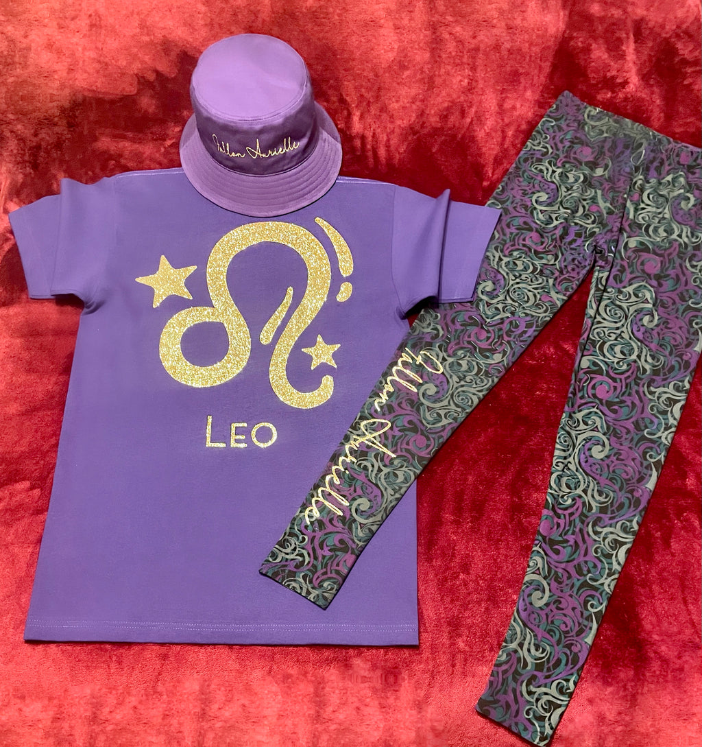 Fallon Aurielle Signature 3 Piece Leo Logo Zodiac Leggings Set (Purple & Gold)