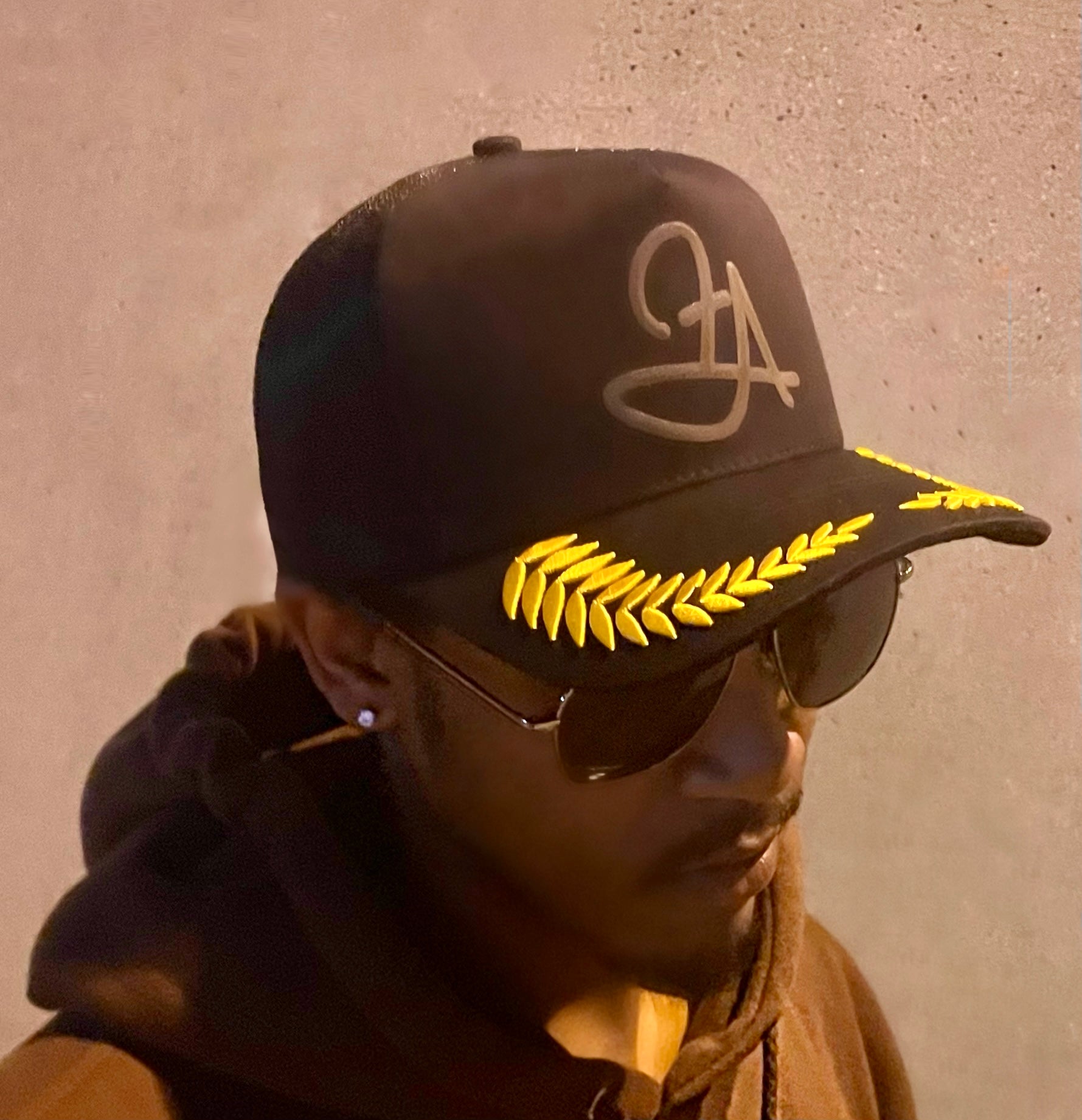 Fallon Aurielle F.A. Signature Classic Embroidered Trucker Snapback Hat (Black & Yellow Gold)