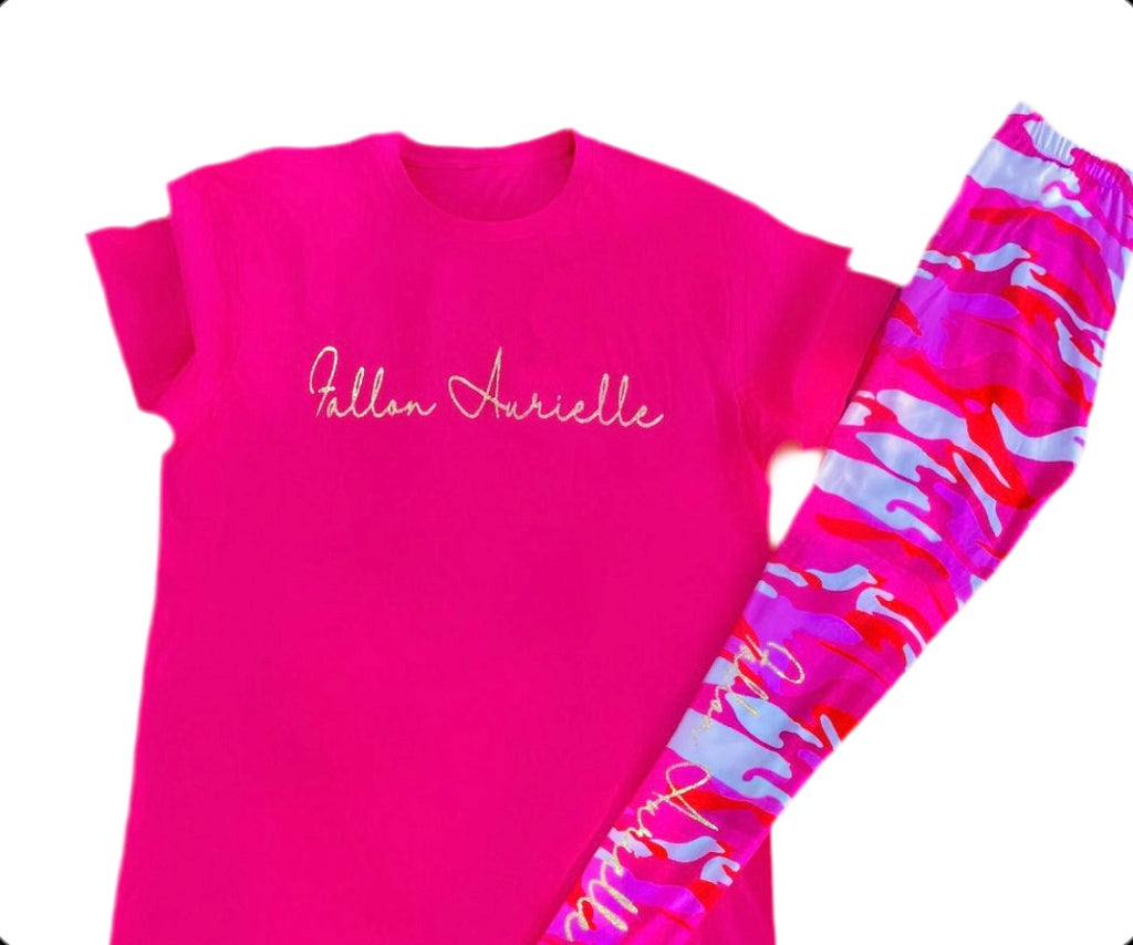 Fallon Aurielle Signature Classic Logo Leggings Set (Neon Pink, Gold & Camo Multi)