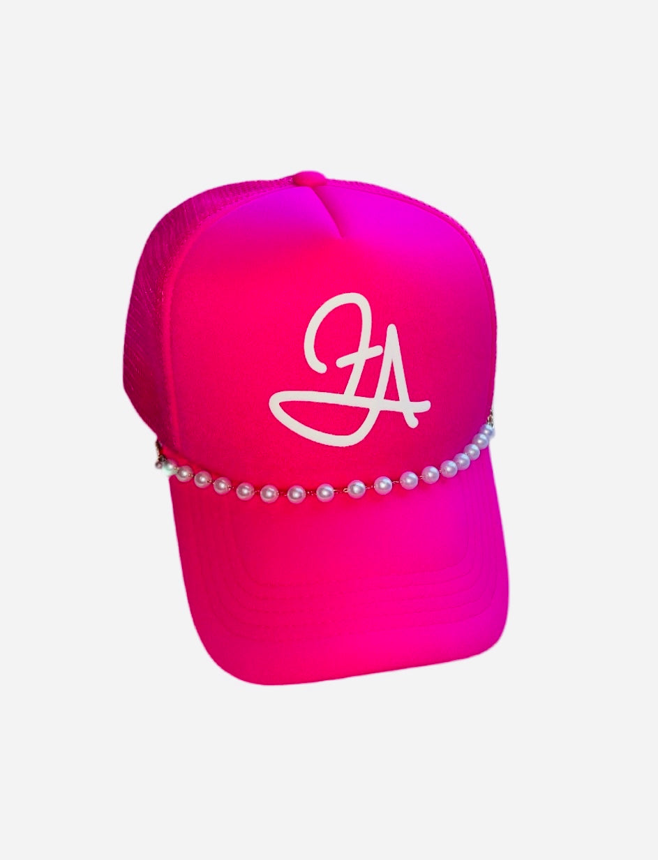 Fallon Aurielle F.A. Signature Classic Pearl Trucker Snapback Hat (Neon Pink & White)