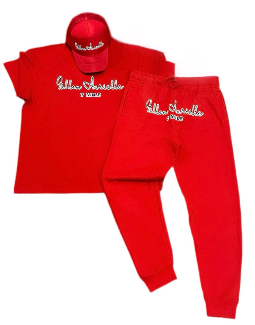 Fallon Aurielle Unisex 2 Tone Signature 7 Mile Rep Yo Set 3 Piece Jogger Set (Red, White & Black)