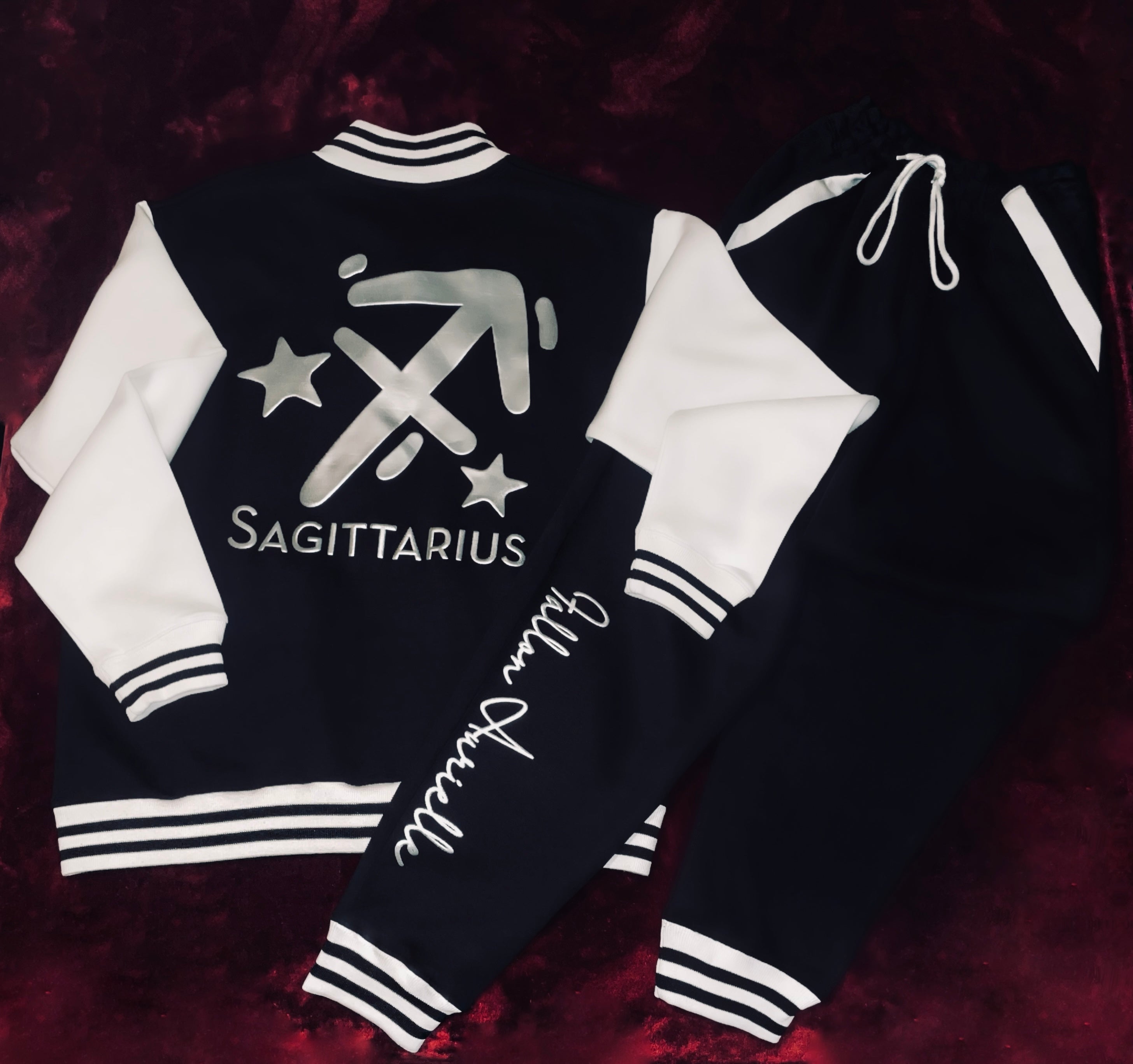 Fallon Aurielle Unisex Signature Sagittarius Logo & Name Zodiac Jacket Jogging Set (Black, Metallic Silver & Cream)