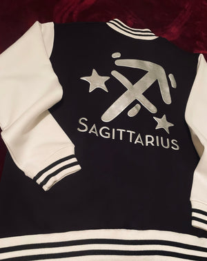 Fallon Aurielle Unisex Signature Sagittarius Logo & Name Zodiac Jacket (Black, Metallic Silver & Cream)