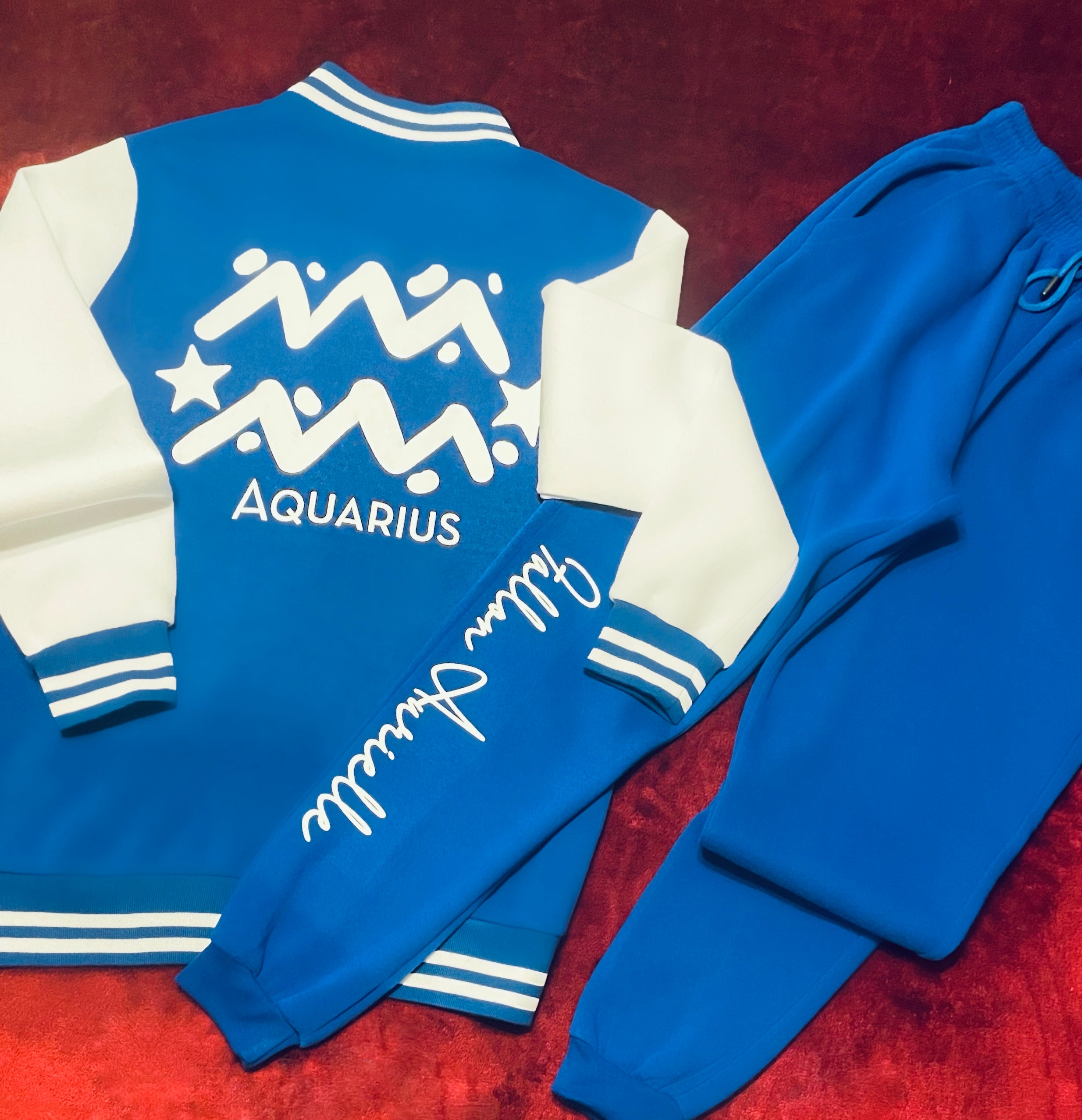 Fallon Aurielle Unisex Signature Aquarius Logo & Name Zodiac Jacket Jogging Set (Royal Blue & White)