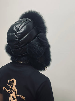 Fallon Aurielle Big Trapper Fox Fur & Leather Hat (Black)