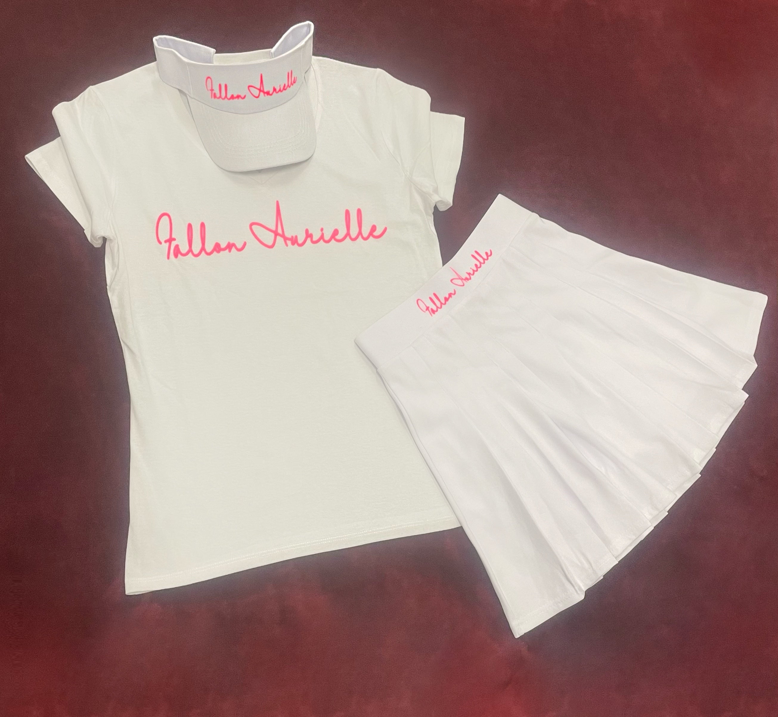 Fallon Aurielle Signature Classic 3 Piece Tennis Skirt Set (White & Neon Pink)