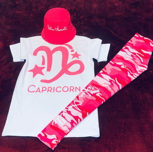 Fallon Aurielle Signature 3 Piece Capricorn Logo Zodiac Leggings Set (White, Neon Pink & Red)